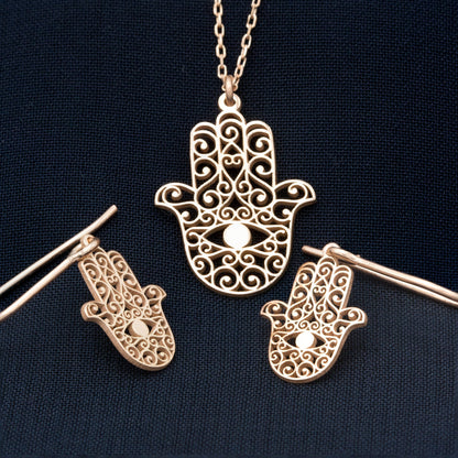 925 Sterling Silver Hand of Hamsa Necklace and Earrings Set