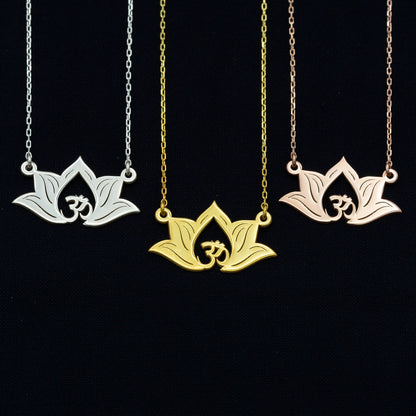 925 Sterling Silver Lotus Flower Necklace with Aum Symbol Necklace