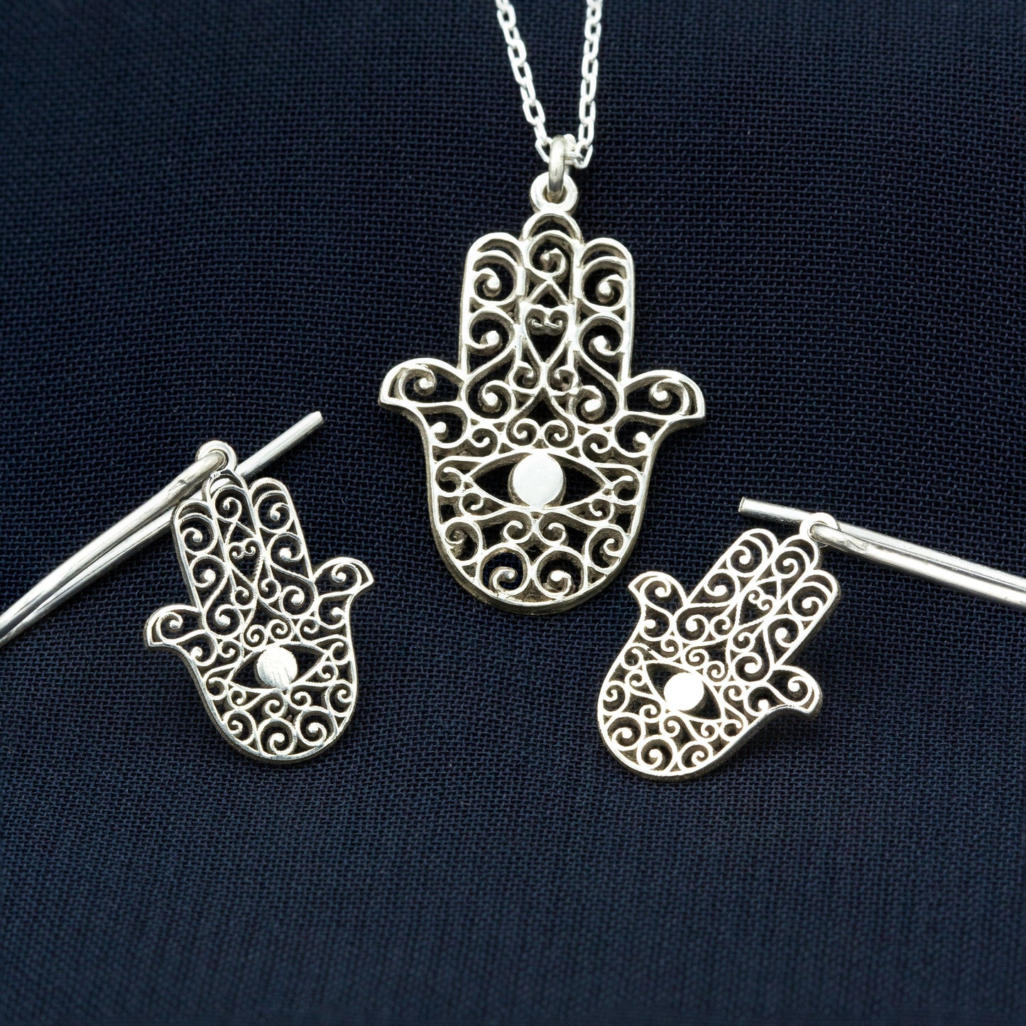 925 Sterling Silver Hand of Hamsa Necklace and Earrings Set