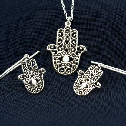 925 Sterling Silver Hand of Hamsa Necklace and Earrings Set