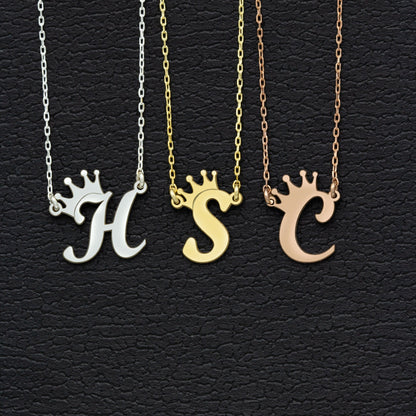 925 Sterling Silver Personalized Initial with Crown Necklace