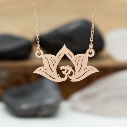 925 Sterling Silver Lotus Flower Necklace with Aum Symbol Necklace