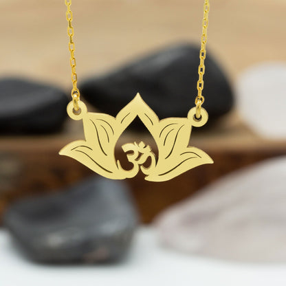 925 Sterling Silver Lotus Flower Necklace with Aum Symbol Necklace