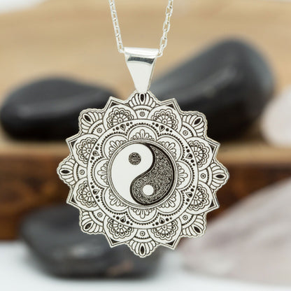 925 Sterling Silver Life Of Flower Mandala with Yin Yang Necklace - Taoism Jewelry