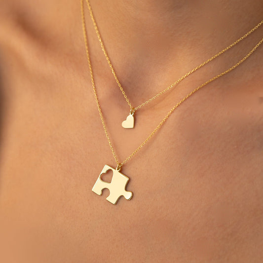 925 Sterling Silver Couple Puzzle and Heart Necklace