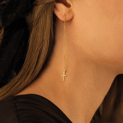 925 Sterling Silver Threader Cross Earring
