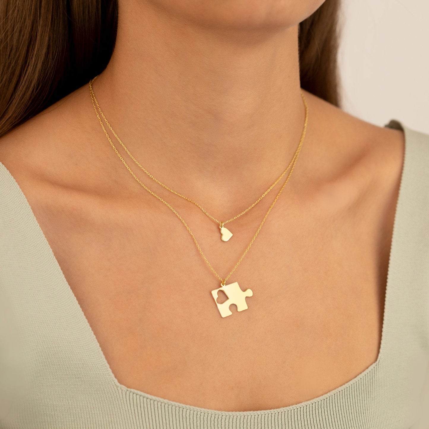 925 Sterling Silver Couple Puzzle and Heart Necklace