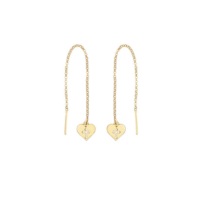 925 Sterling Silver Threader Hollow Cross With Heart Earring