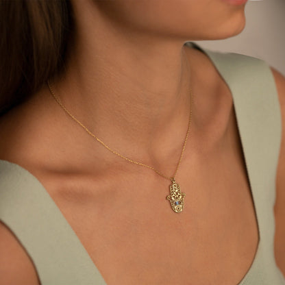 925 Sterling Silver Hand of Fatima With Birthstones Necklace