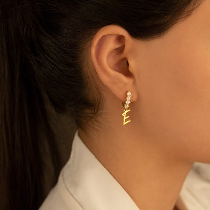 925 Sterling Silver Pave Initial Hoop Earrings