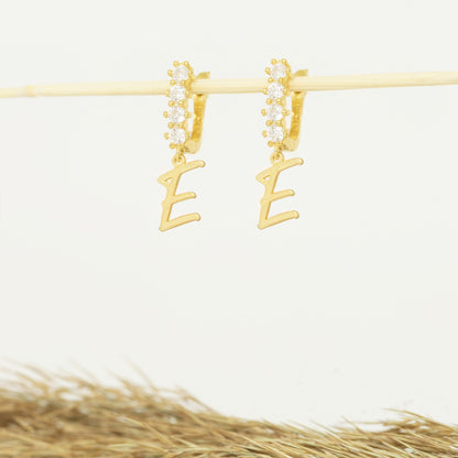 925 Sterling Silver Pave Initial Hoop Earrings