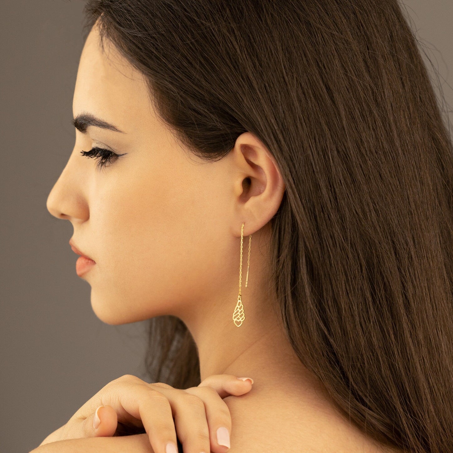 925 Sterling Silver Threader Heart with Wing Chain Earrings