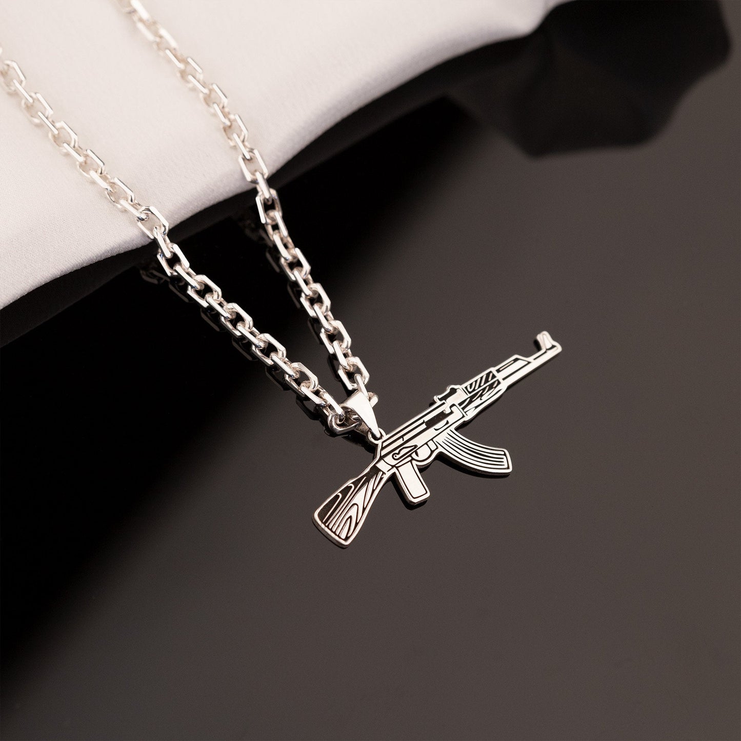 925 Sterling Silver Bold Force Chain AK-47 Necklace