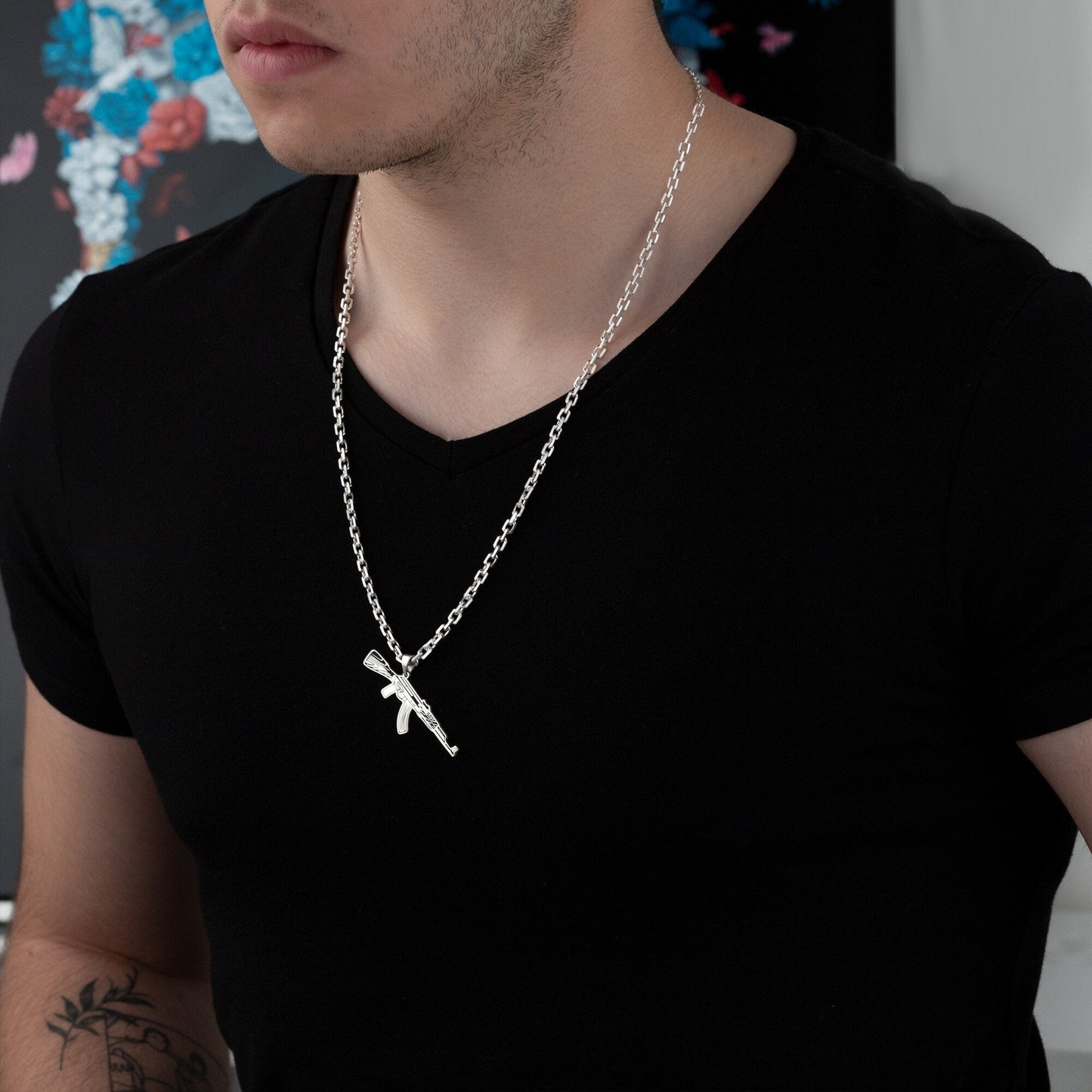 925 Sterling Silver Bold Force Chain AK-47 Necklace