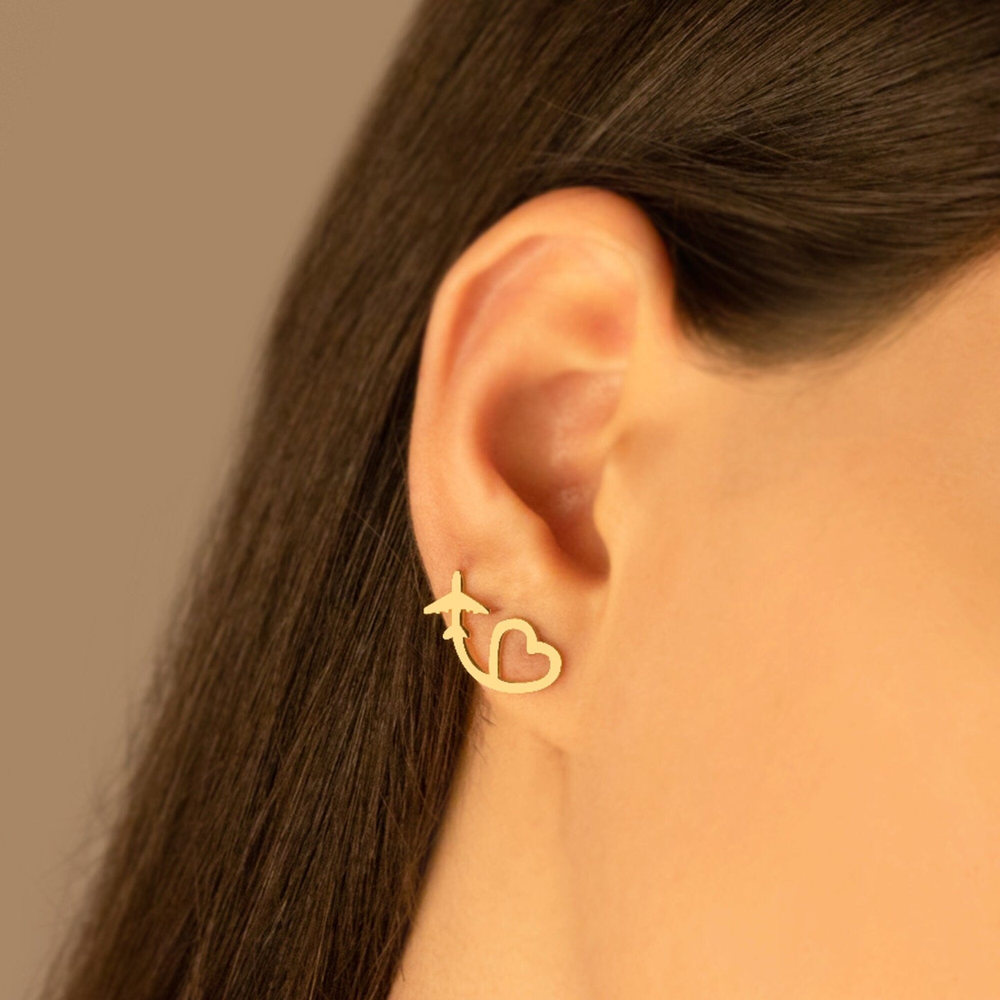 925 Sterling Silver Heart with Plane Earring