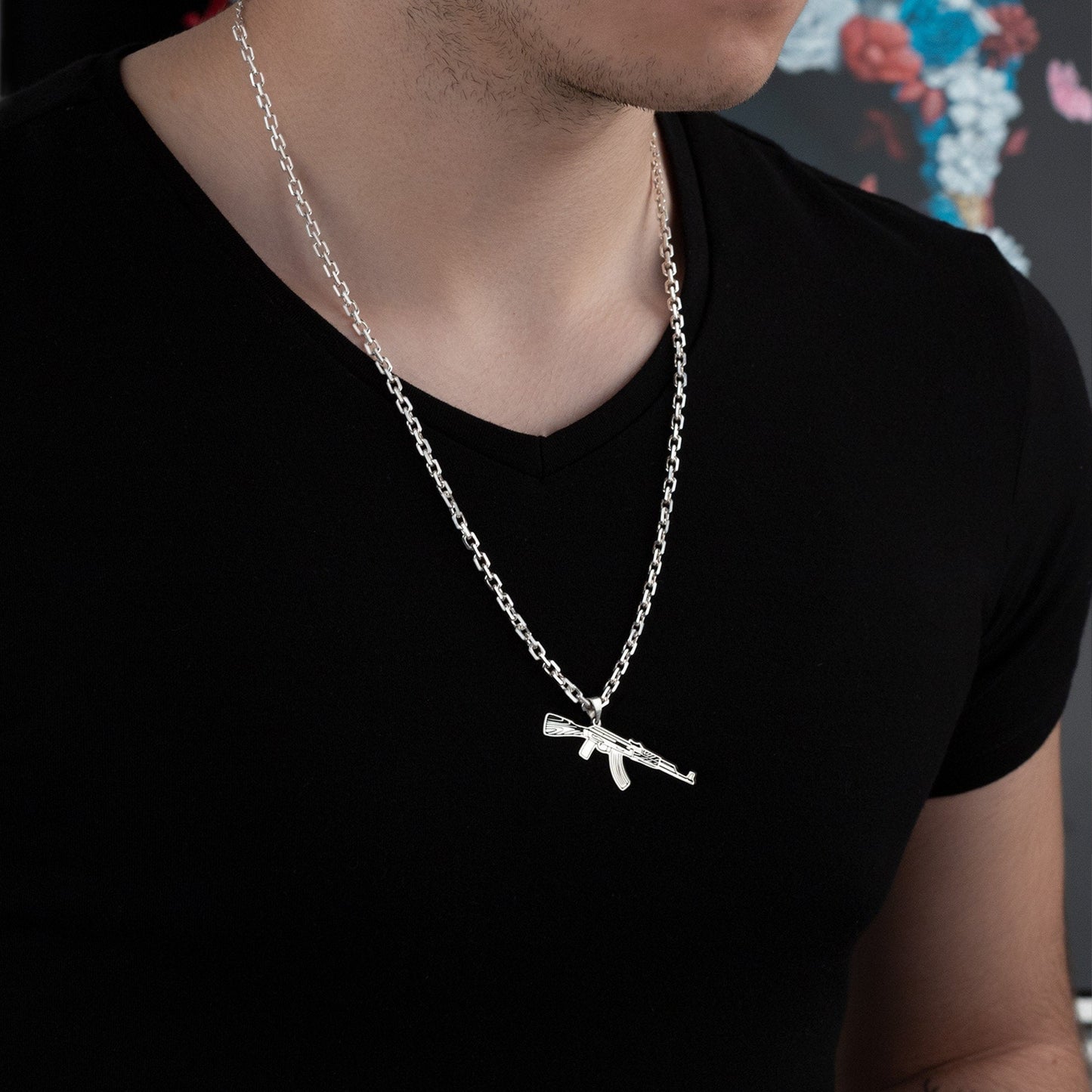 925 Sterling Silver Bold Force Chain AK-47 Necklace