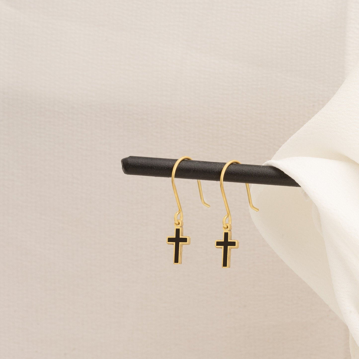 925 Sterling Silver Black Enamel Dainty Cross Earring