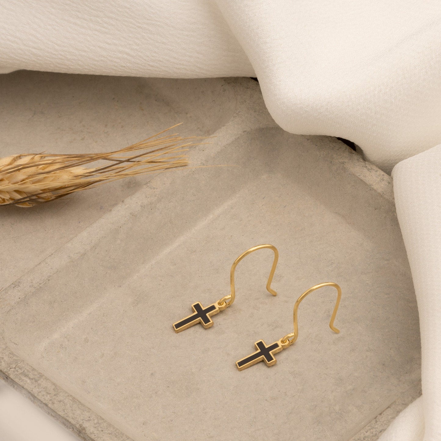 925 Sterling Silver Black Enamel Dainty Cross Earring