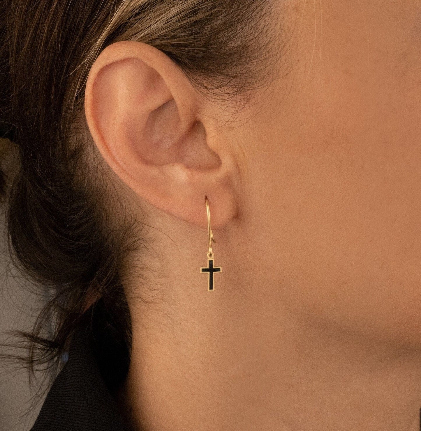 925 Sterling Silver Black Enamel Dainty Cross Earring