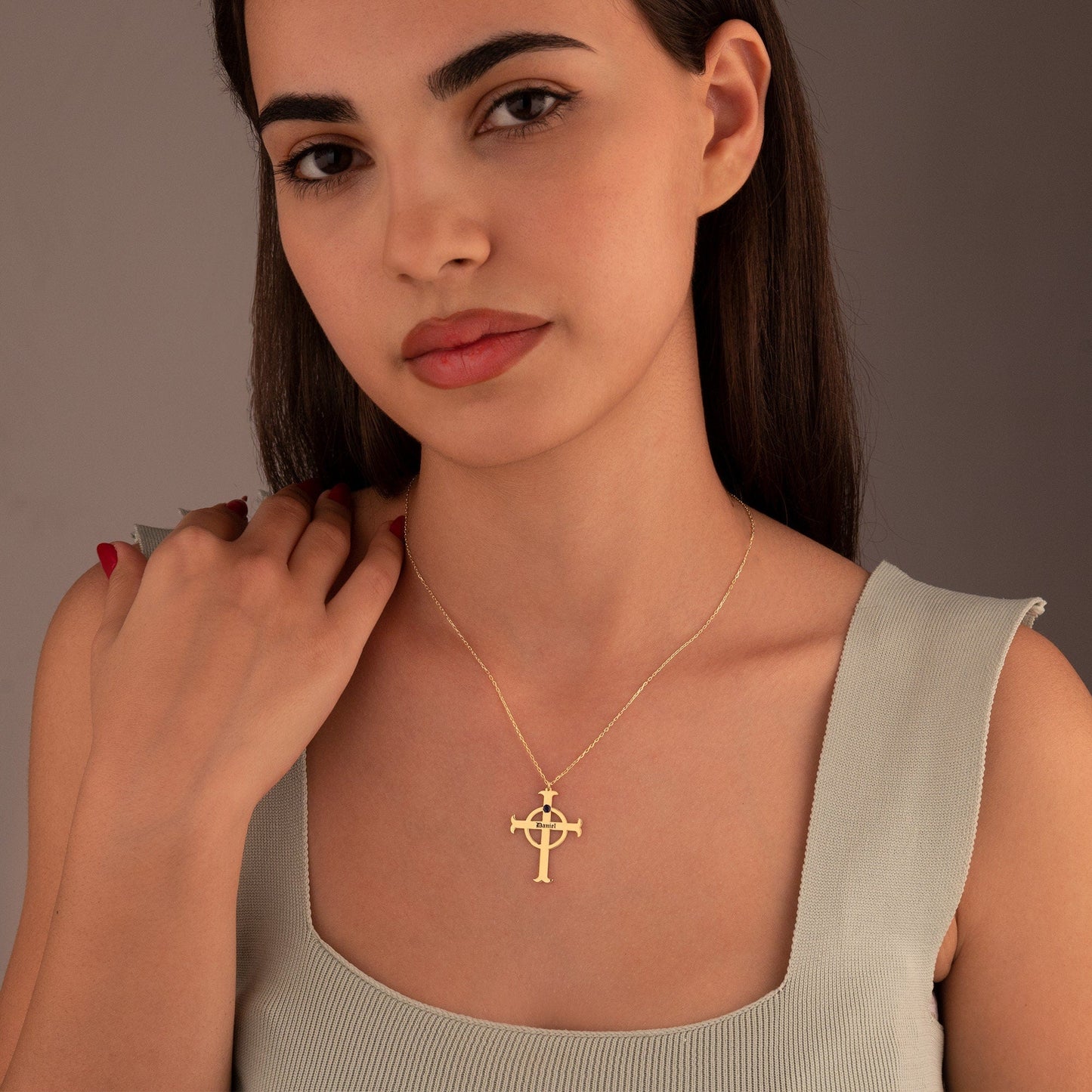 925 Sterling Silver Cross Name Necklace with Birth Stone