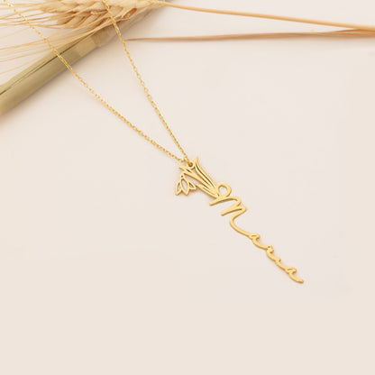925 Sterling Silver Dainty Birth Flower Name Necklace