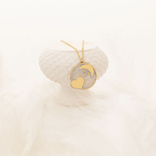 925 Sterling Silver Enamel Heart and Moon Necklace