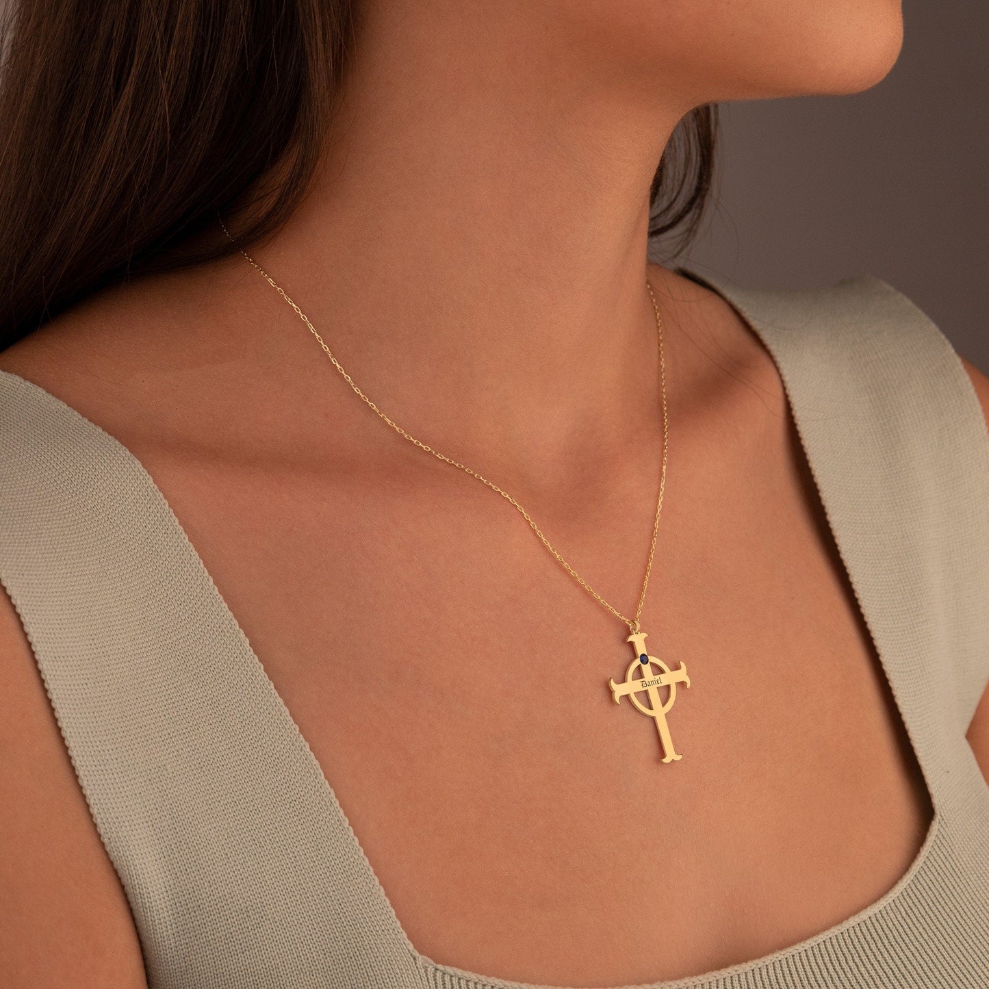 925 Sterling Silver Cross Name Necklace with Birth Stone