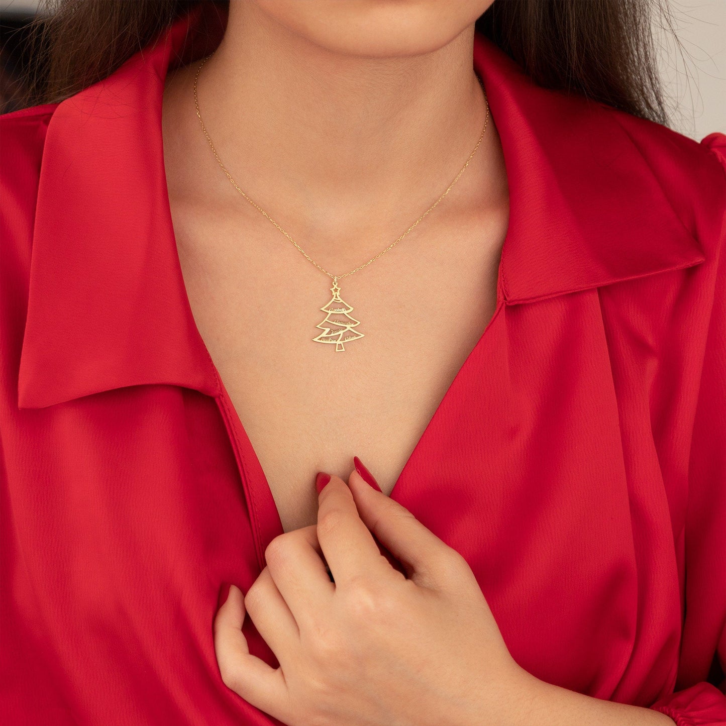 925 Sterling Silver Christmas Family Names Tree Necklace