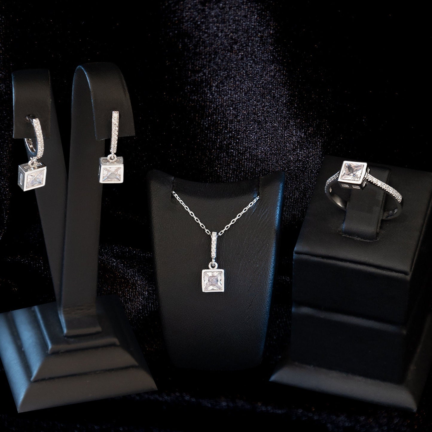 925 Sterling Silver Square Diamond Shape Set 3 Pieces: Necklace, Ring & Earrings