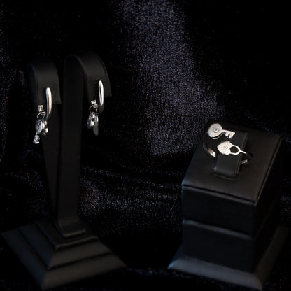 925 Sterling Silver Keyed Heart Locked Shape Set 2 Pieces: Ring & Earrings