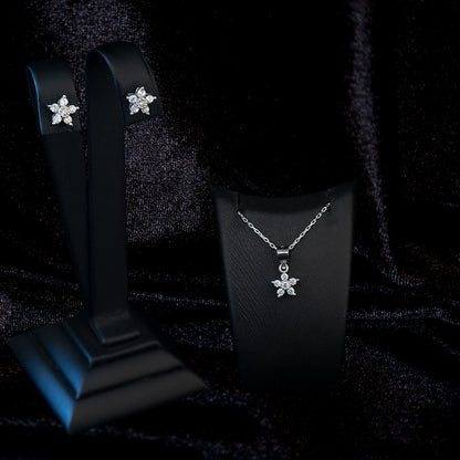 925 Sterling Silver Flower Diamond Shape Set 2 Pieces: Necklace & Earrings