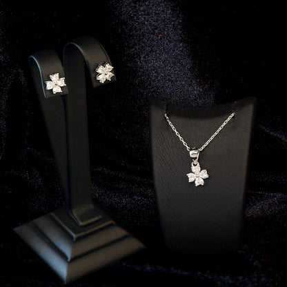 925 Sterling Silver Clover Diamond Shape Set 2 Pieces: Necklace & Earrings