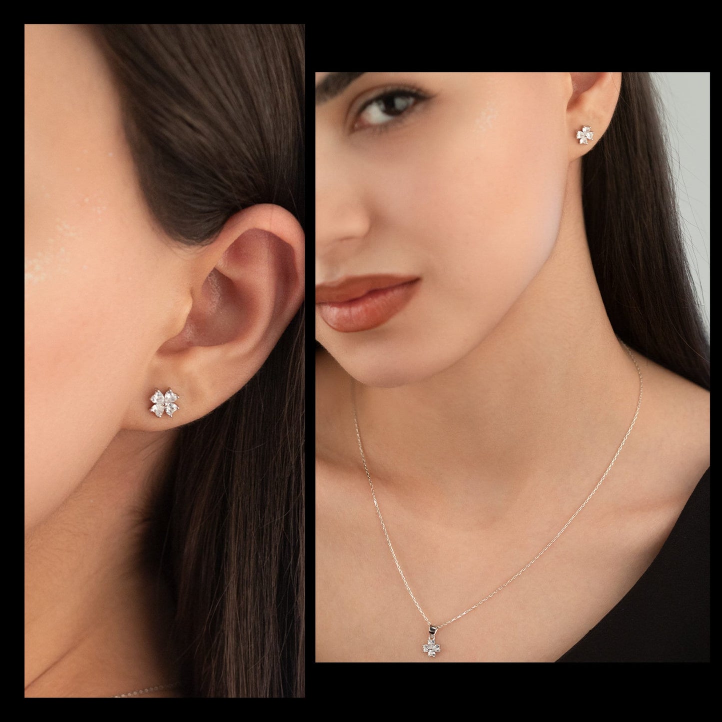 925 Sterling Silver Clover Diamond Shape Set 2 Pieces: Necklace & Earrings