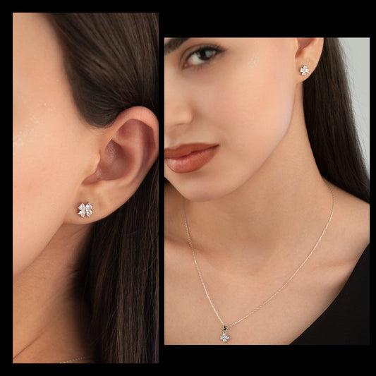 925 Sterling Silver Clover Diamond Shape Set 2 Pieces: Necklace & Earrings
