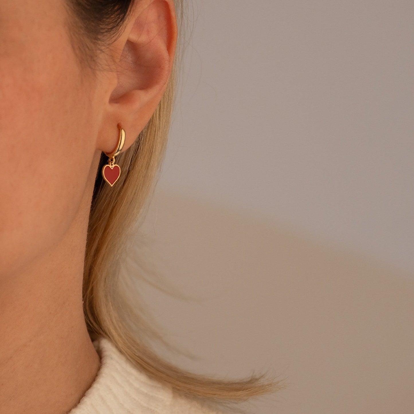 925 Sterling Silver Red Heart Hoop Earring