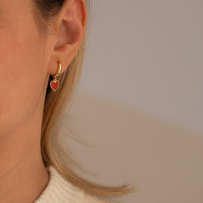 925 Sterling Silver Red Heart Hoop Earring