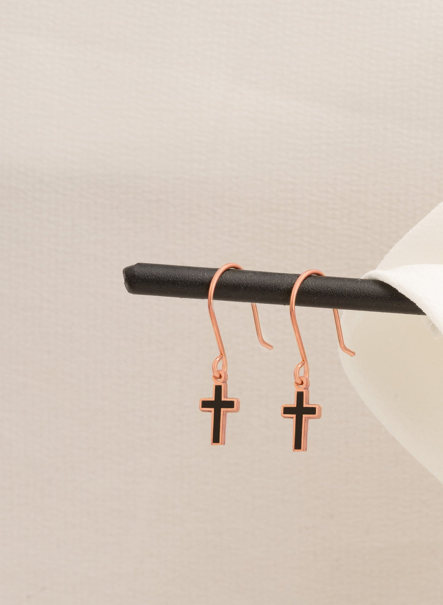 925 Sterling Silver Black Enamel Dainty Cross Earring