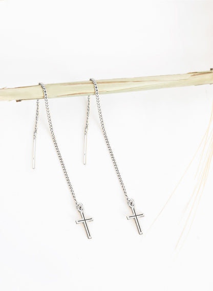 925 Sterling Silver Threader Cross Earring