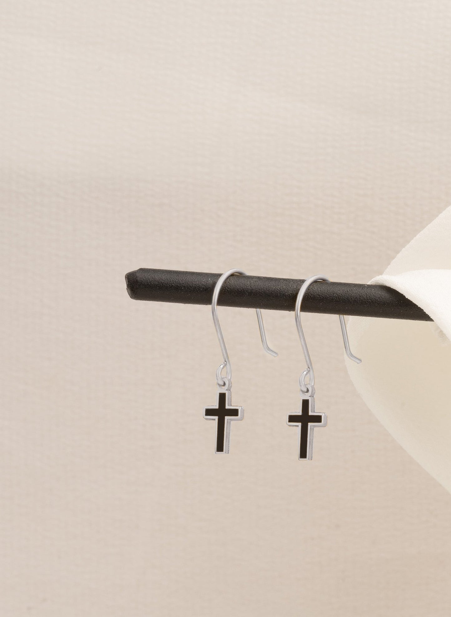 925 Sterling Silver Black Enamel Dainty Cross Earring